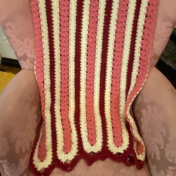 Vintage Handmade Crocheted Afghan Blanket; Rose, Pink, and Cream Stripes; 45x60 - Picture 7 of 10
